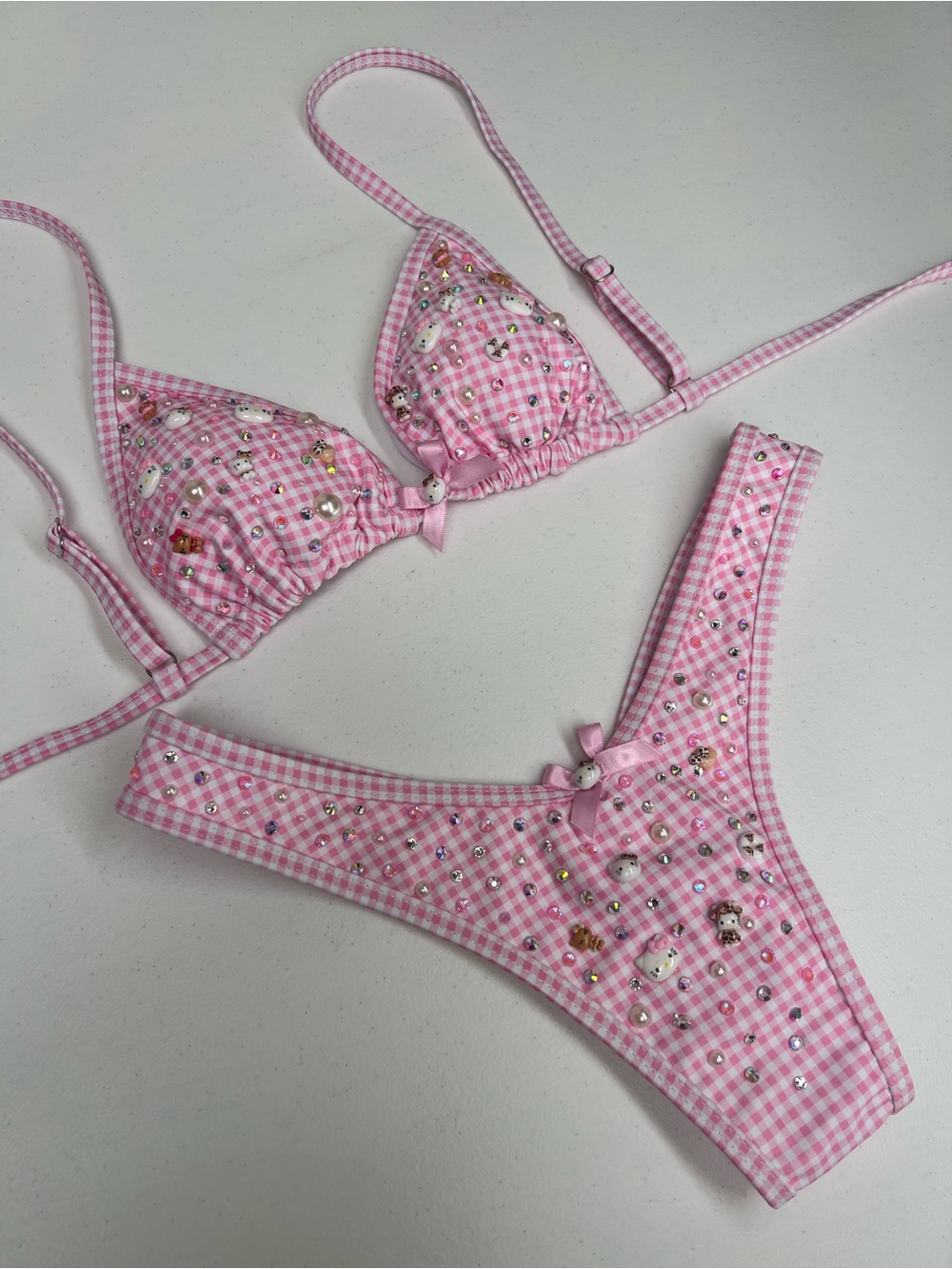 Pink Gingham Embellished Bikini Set